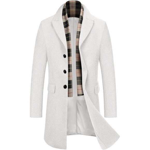 Other - Men's Wool Blend Coat with Detachable Plaid Scarfs White